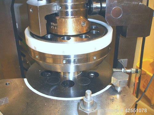 Used Korsch Rotary Tablet Press, Model XL100. 10 Station removable turret, B tooled, keyed upper punch guides, 60KN compression pressure with 15 kn pre compression, force feeder and gravity feed desi...