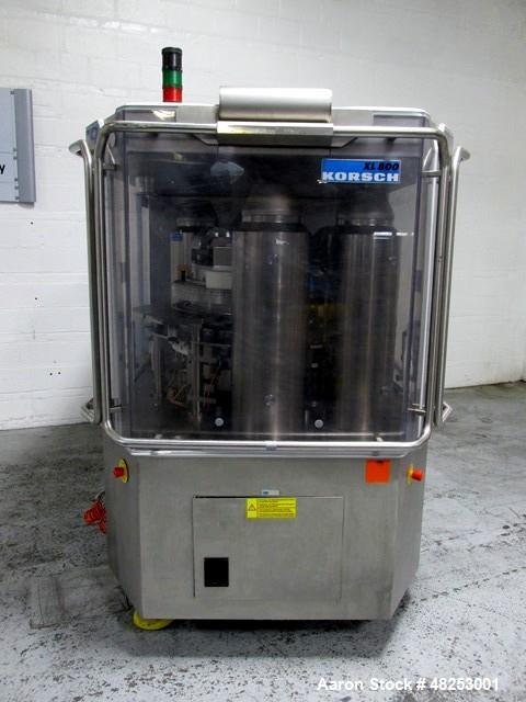 Used Korsch Rotary Tablet Press, Model XL800. 100 Kn Main compression with 100 kN pre-compression, 87 stations, "BB" tooled, dual sided, 13 mm maximum tablet diameter, 18 mm maximum depth of fill wit...