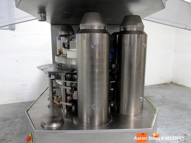 Used Korsch Rotary Tablet Press, Model XL800. 100 Kn Main compression with 100 kN pre-compression, 87 stations, "BB" tooled, dual sided, 13 mm maximum tablet diameter, 18 mm maximum depth of fill wit...