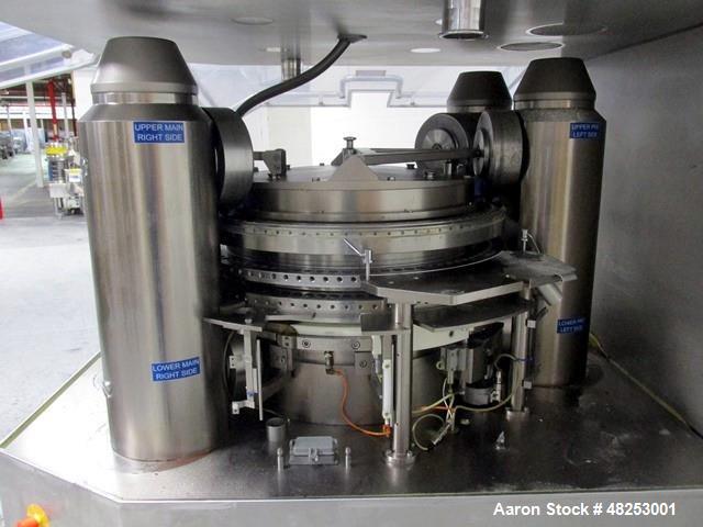 Used Korsch Rotary Tablet Press, Model XL800. 100 Kn Main compression with 100 kN pre-compression, 87 stations, "BB" tooled, dual sided, 13 mm maximum tablet diameter, 18 mm maximum depth of fill wit...
