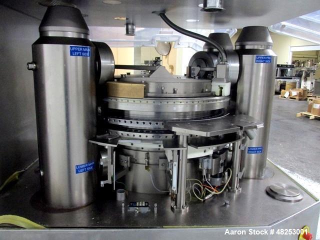 Used Korsch Rotary Tablet Press, Model XL800. 100 Kn Main compression with 100 kN pre-compression, 87 stations, "BB" tooled, dual sided, 13 mm maximum tablet diameter, 18 mm maximum depth of fill wit...