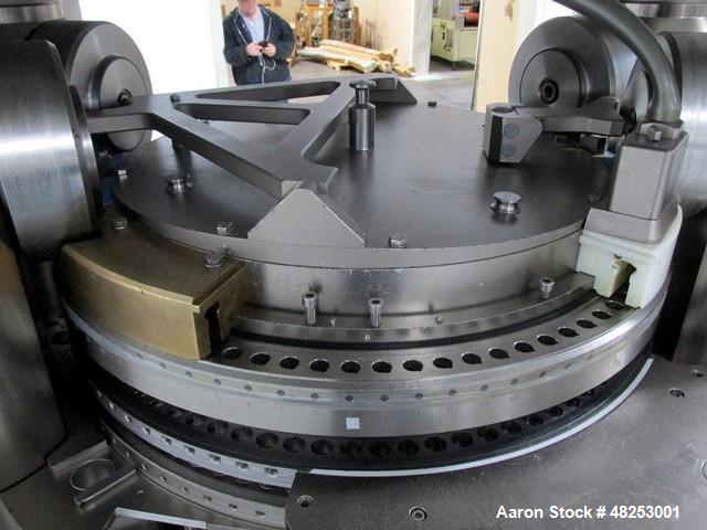 Used Korsch Rotary Tablet Press, Model XL800. 100 Kn Main compression with 100 kN pre-compression, 87 stations, "BB" tooled, dual sided, 13 mm maximum tablet diameter, 18 mm maximum depth of fill wit...
