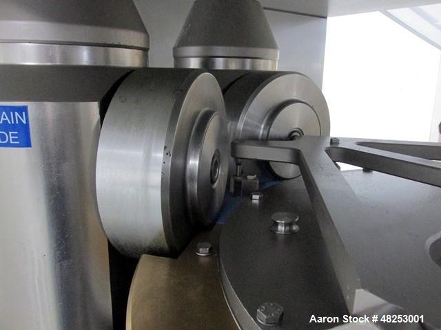 Used Korsch Rotary Tablet Press, Model XL800. 100 Kn Main compression with 100 kN pre-compression, 87 stations, "BB" tooled, dual sided, 13 mm maximum tablet diameter, 18 mm maximum depth of fill wit...