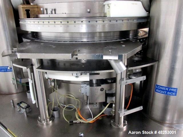Used Korsch Rotary Tablet Press, Model XL800. 100 Kn Main compression with 100 kN pre-compression, 87 stations, "BB" tooled, dual sided, 13 mm maximum tablet diameter, 18 mm maximum depth of fill wit...