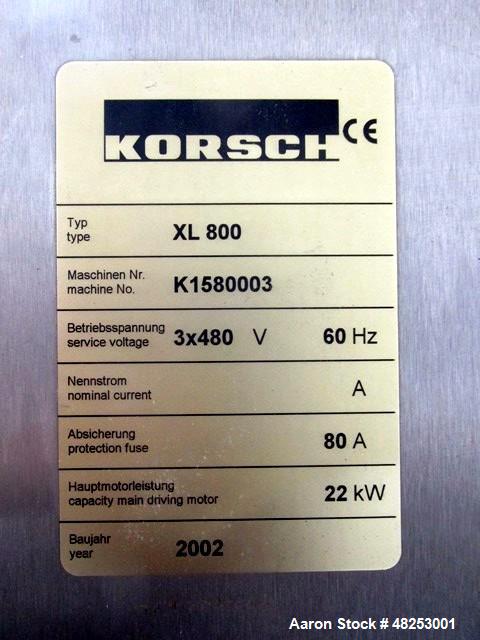 Used Korsch Rotary Tablet Press, Model XL800. 100 Kn Main compression with 100 kN pre-compression, 87 stations, "BB" tooled, dual sided, 13 mm maximum tablet diameter, 18 mm maximum depth of fill wit...