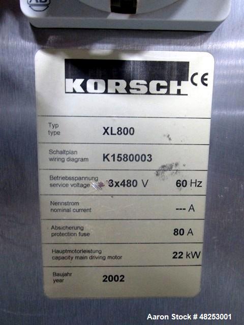 Used Korsch Rotary Tablet Press, Model XL800. 100 Kn Main compression with 100 kN pre-compression, 87 stations, "BB" tooled, dual sided, 13 mm maximum tablet diameter, 18 mm maximum depth of fill wit...