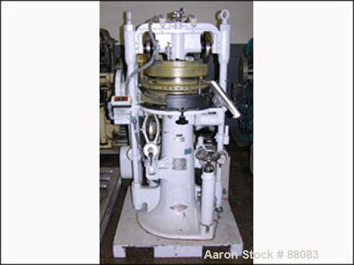 USED: Manesty rotary tablet press, model BB3B. 45 station, 6.5 ton compression pressure, 7/16 max tablet diameter, 11/16" max depth of fill, double sided, rated up to 3826 tablets per minute, keyed u...