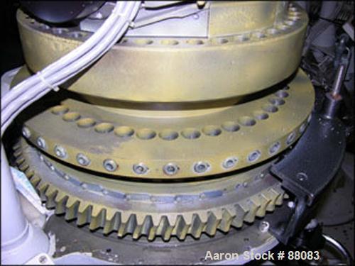 USED: Manesty rotary tablet press, model BB3B. 45 station, 6.5 ton compression pressure, 7/16 max tablet diameter, 11/16" max depth of fill, double sided, rated up to 3826 tablets per minute, keyed u...