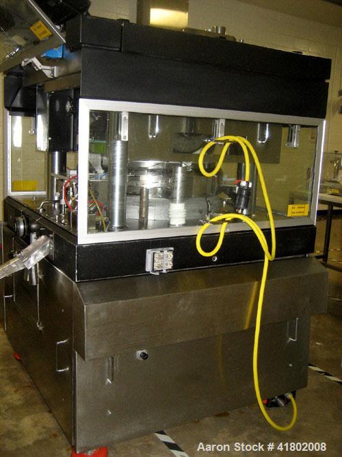 Used Manesty Rotary Tablet Press, Model Rotapress Mark IV, 55 station. 6-1/2 ton compression force with pre-compression 1 ton. Tablet output range per hour 156,000 to 439,800. Double sided. 0.62’’ (1...