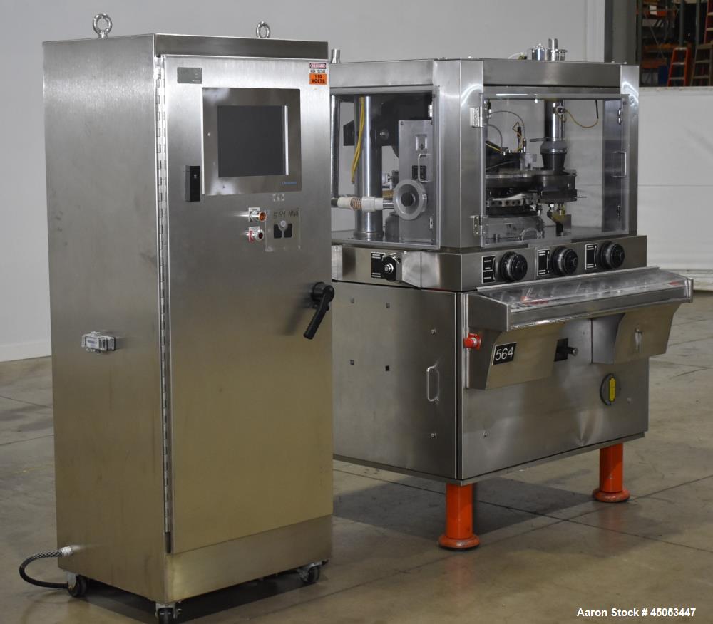 Used Manesty Novapress 61 Station Rotary Tablet Press. Maximum press output 366,000 per hour (single layer). Maximum depth of fill 17.46mm, max tablet diameter 11mm. Precompression 9.81 kN, main comp...