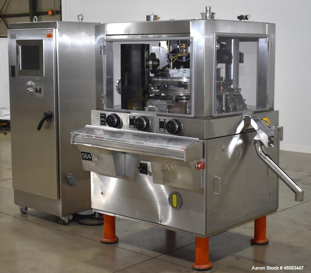 Used Manesty Novapress 61 Station Rotary Tablet Press. Maximum press output 366,000 per hour (single layer). Maximum depth of fill 17.46mm, max tablet diameter 11mm. Precompression 9.81 kN, main comp...