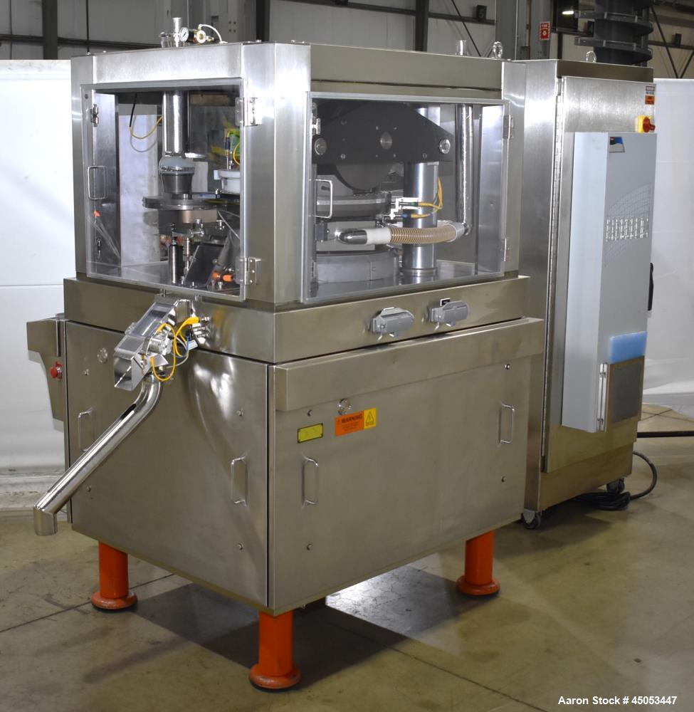 Used Manesty Novapress 61 Station Rotary Tablet Press. Maximum press output 366,000 per hour (single layer). Maximum depth of fill 17.46mm, max tablet diameter 11mm. Precompression 9.81 kN, main comp...