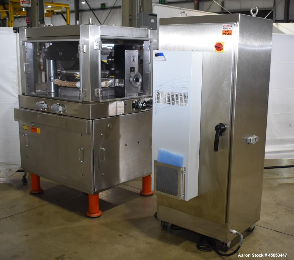 Used Manesty Novapress 61 Station Rotary Tablet Press. Maximum press output 366,000 per hour (single layer). Maximum depth of fill 17.46mm, max tablet diameter 11mm. Precompression 9.81 kN, main comp...