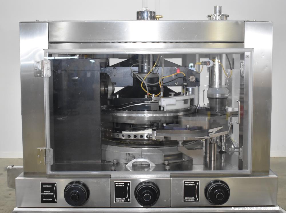 Used Manesty Novapress 61 Station Rotary Tablet Press. Maximum press output 366,000 per hour (single layer). Maximum depth of fill 17.46mm, max tablet diameter 11mm. Precompression 9.81 kN, main comp...