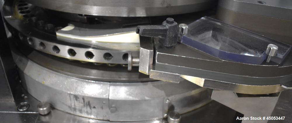Used Manesty Novapress 61 Station Rotary Tablet Press. Maximum press output 366,000 per hour (single layer). Maximum depth of fill 17.46mm, max tablet diameter 11mm. Precompression 9.81 kN, main comp...