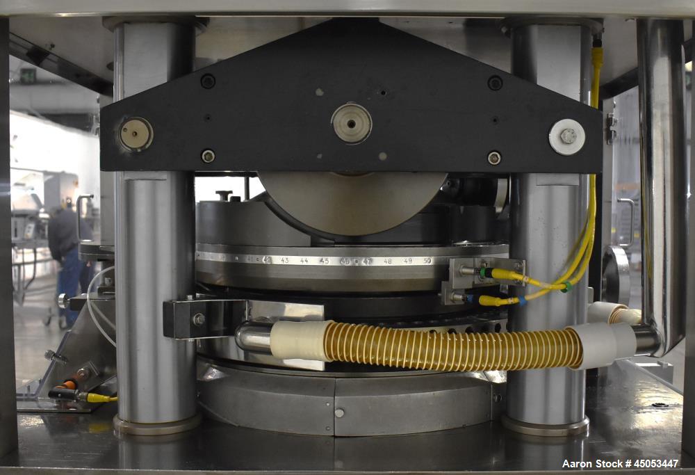 Used Manesty Novapress 61 Station Rotary Tablet Press. Maximum press output 366,000 per hour (single layer). Maximum depth of fill 17.46mm, max tablet diameter 11mm. Precompression 9.81 kN, main comp...