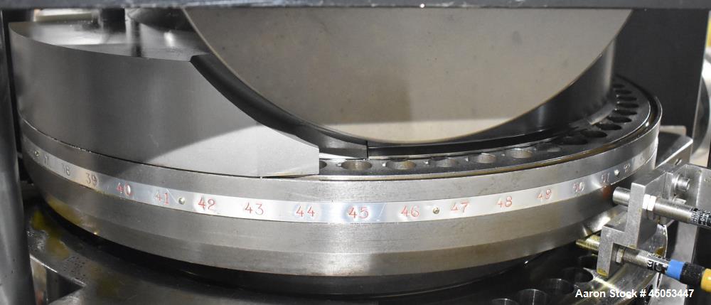 Used Manesty Novapress 61 Station Rotary Tablet Press. Maximum press output 366,000 per hour (single layer). Maximum depth of fill 17.46mm, max tablet diameter 11mm. Precompression 9.81 kN, main comp...