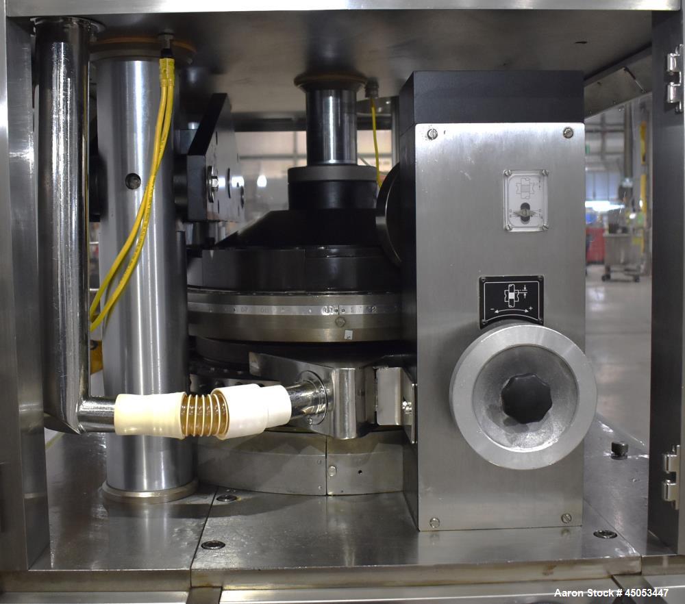 Used Manesty Novapress 61 Station Rotary Tablet Press. Maximum press output 366,000 per hour (single layer). Maximum depth of fill 17.46mm, max tablet diameter 11mm. Precompression 9.81 kN, main comp...