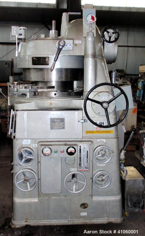 Used Manesty Rotary Tablet Press, Model RS3. 14 station, 15 ton compression force with pre-compression adjustable to 5 tons. Penetration of the punch adjustable from 0 to 1/2". 2-3/4" maximum tablet ...