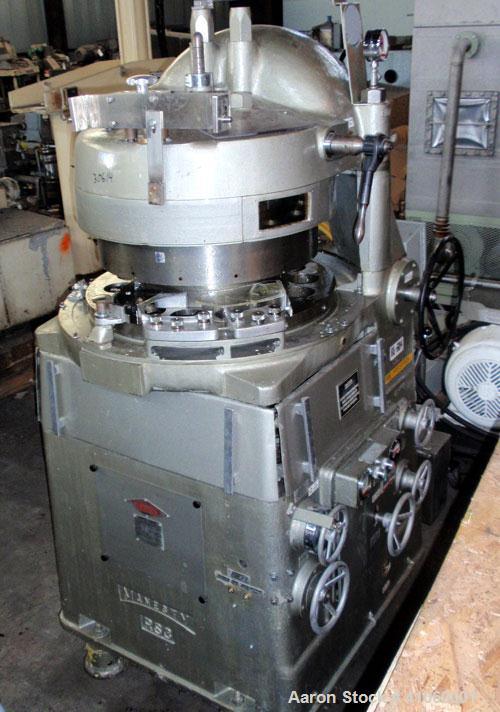 Used Manesty Rotary Tablet Press, Model RS3. 14 station, 15 ton compression force with pre-compression adjustable to 5 tons. Penetration of the punch adjustable from 0 to 1/2". 2-3/4" maximum tablet ...