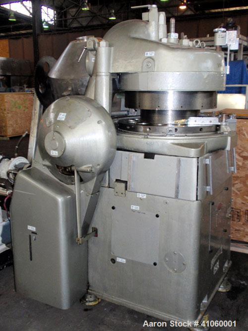 Used Manesty Rotary Tablet Press, Model RS3. 14 station, 15 ton compression force with pre-compression adjustable to 5 tons. Penetration of the punch adjustable from 0 to 1/2". 2-3/4" maximum tablet ...
