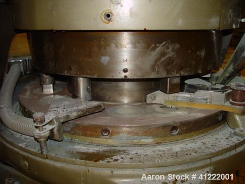 Used Manesty Rotary Tablet Press, Model RS3. 14 station, 20 ton total compression pressure. Includes tooling, punch holders, punches, dies and spare cam. Reported to be reconditioned.
