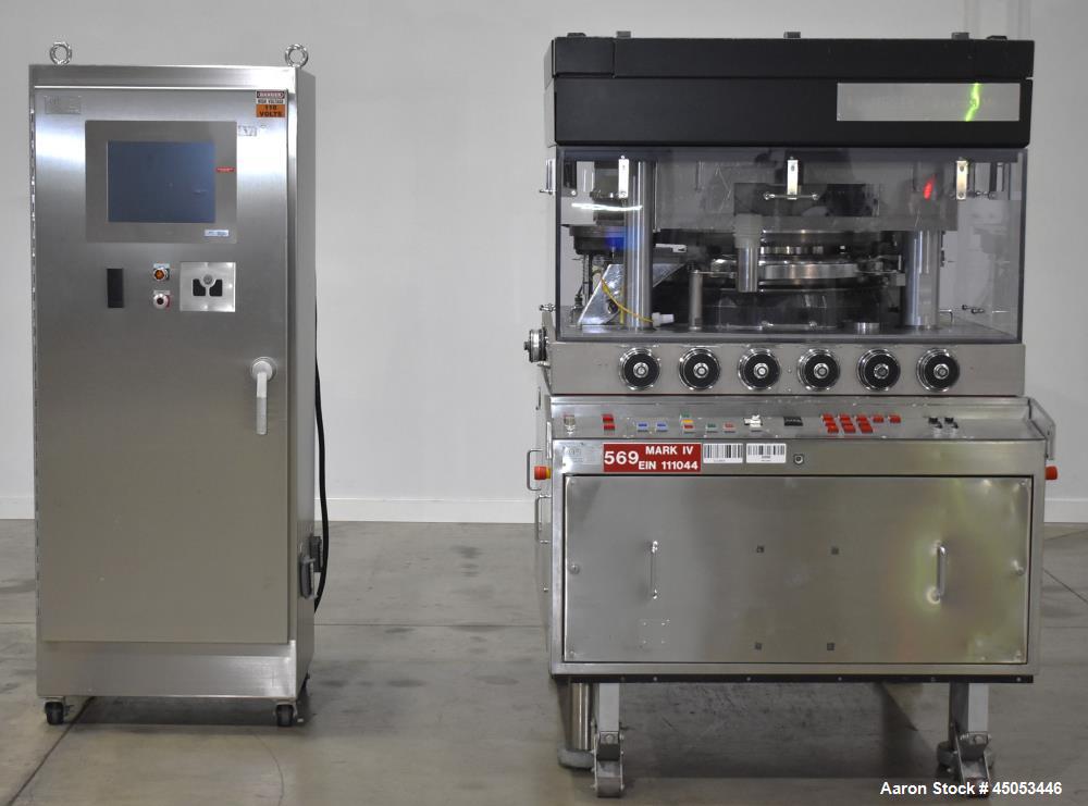 Used Manesty Mark IV 75 Station Rotary Tablet Press. Max press output 600,300 per hour (single layer), 300,150 per hour (bi-layer). Max depth of fill 17.46mm, max tablet diameter 11mm. Pre-compressio...