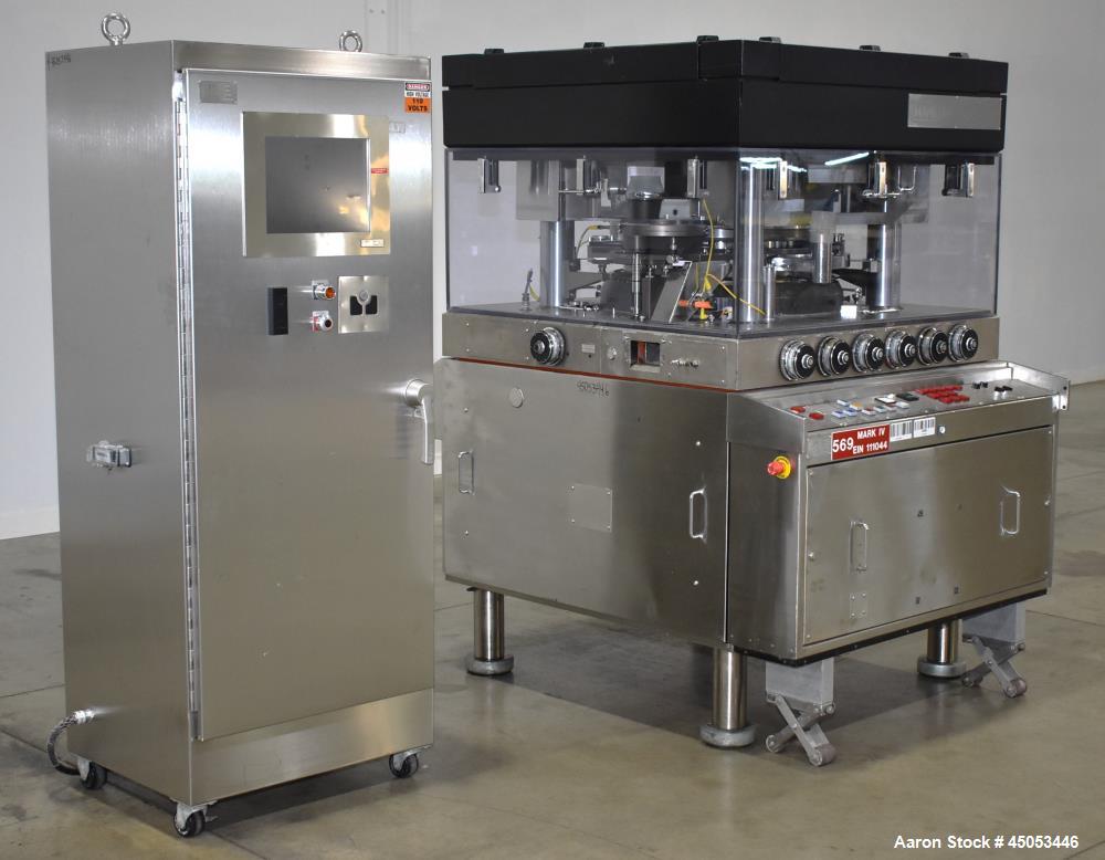 Used Manesty Mark IV 75 Station Rotary Tablet Press. Max press output 600,300 per hour (single layer), 300,150 per hour (bi-layer). Max depth of fill 17.46mm, max tablet diameter 11mm. Pre-compressio...