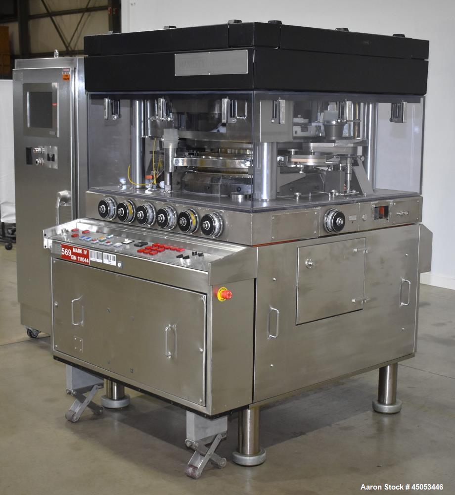 Used Manesty Mark IV 75 Station Rotary Tablet Press. Max press output 600,300 per hour (single layer), 300,150 per hour (bi-layer). Max depth of fill 17.46mm, max tablet diameter 11mm. Pre-compressio...