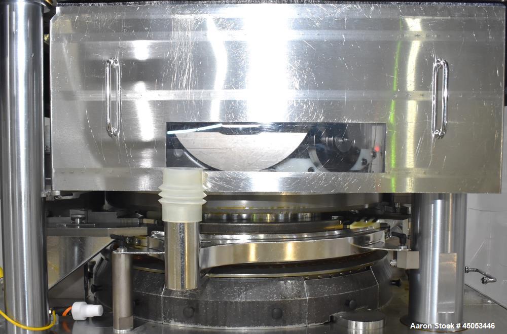 Used Manesty Mark IV 75 Station Rotary Tablet Press. Max press output 600,300 per hour (single layer), 300,150 per hour (bi-layer). Max depth of fill 17.46mm, max tablet diameter 11mm. Pre-compressio...