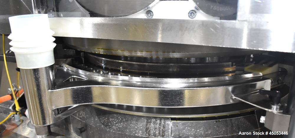 Used Manesty Mark IV 75 Station Rotary Tablet Press. Max press output 600,300 per hour (single layer), 300,150 per hour (bi-layer). Max depth of fill 17.46mm, max tablet diameter 11mm. Pre-compressio...