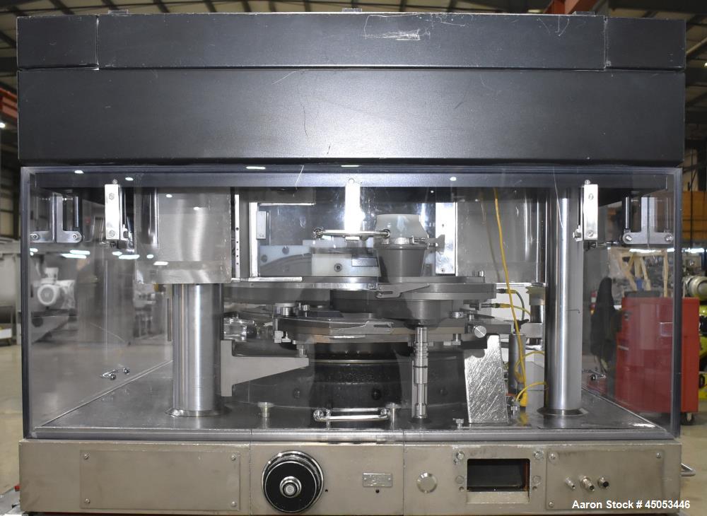 Used Manesty Mark IV 75 Station Rotary Tablet Press. Max press output 600,300 per hour (single layer), 300,150 per hour (bi-layer). Max depth of fill 17.46mm, max tablet diameter 11mm. Pre-compressio...