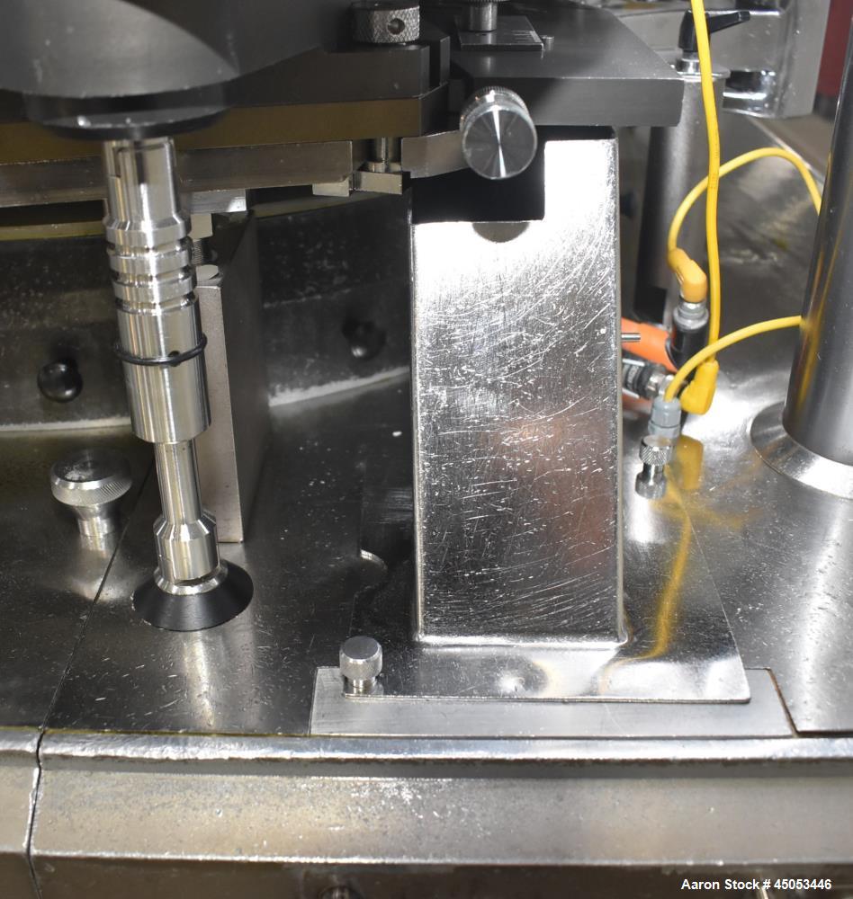 Used Manesty Mark IV 75 Station Rotary Tablet Press. Max press output 600,300 per hour (single layer), 300,150 per hour (bi-layer). Max depth of fill 17.46mm, max tablet diameter 11mm. Pre-compressio...