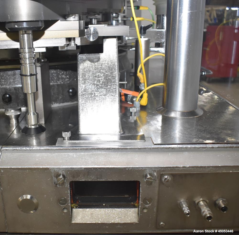 Used Manesty Mark IV 75 Station Rotary Tablet Press. Max press output 600,300 per hour (single layer), 300,150 per hour (bi-layer). Max depth of fill 17.46mm, max tablet diameter 11mm. Pre-compressio...