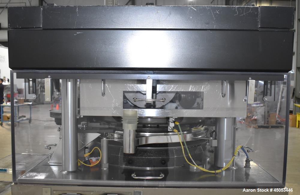 Used Manesty Mark IV 75 Station Rotary Tablet Press. Max press output 600,300 per hour (single layer), 300,150 per hour (bi-layer). Max depth of fill 17.46mm, max tablet diameter 11mm. Pre-compressio...