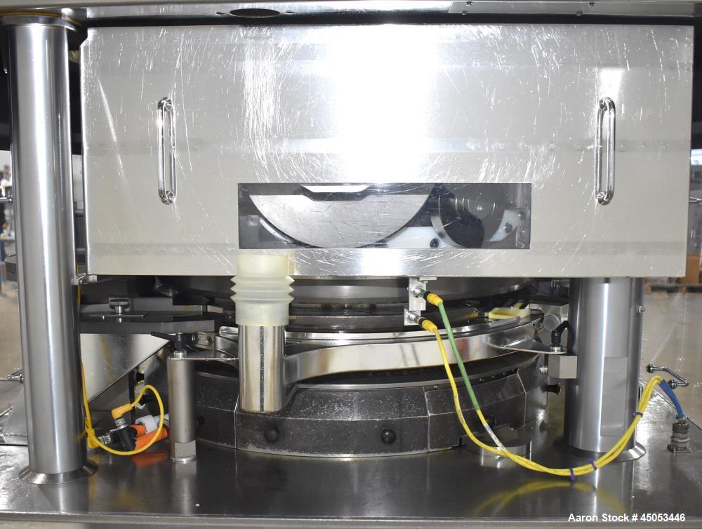 Used Manesty Mark IV 75 Station Rotary Tablet Press. Max press output 600,300 per hour (single layer), 300,150 per hour (bi-layer). Max depth of fill 17.46mm, max tablet diameter 11mm. Pre-compressio...