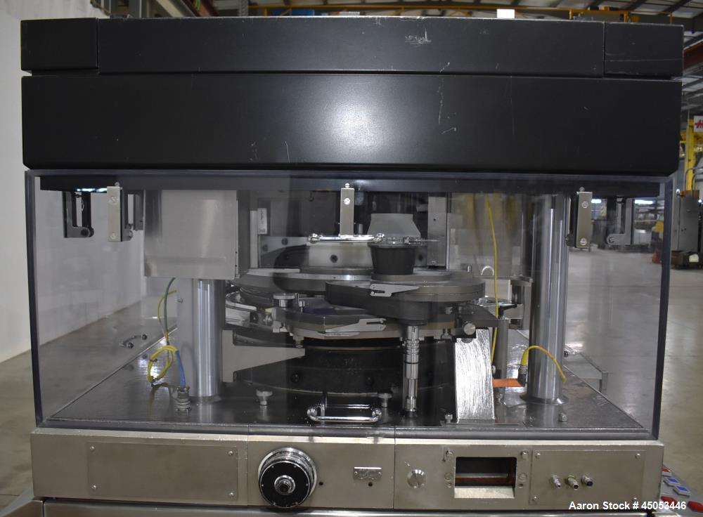 Used Manesty Mark IV 75 Station Rotary Tablet Press. Max press output 600,300 per hour (single layer), 300,150 per hour (bi-layer). Max depth of fill 17.46mm, max tablet diameter 11mm. Pre-compressio...