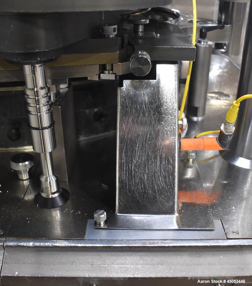 Used Manesty Mark IV 75 Station Rotary Tablet Press. Max press output 600,300 per hour (single layer), 300,150 per hour (bi-layer). Max depth of fill 17.46mm, max tablet diameter 11mm. Pre-compressio...