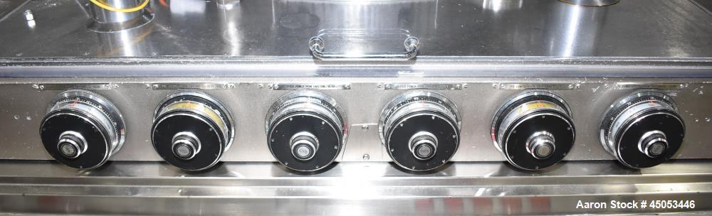 Used Manesty Mark IV 75 Station Rotary Tablet Press. Max press output 600,300 per hour (single layer), 300,150 per hour (bi-layer). Max depth of fill 17.46mm, max tablet diameter 11mm. Pre-compressio...