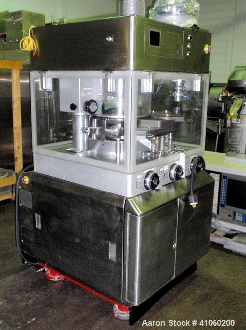 Used BWI Manesty Rotary Tablet Press, Model Unipress Diamond. 20 station. 10 ton compression force with pre-compression 1 ton. Tablet output range per hour 21,429 to 150,000. Single sided with force ...