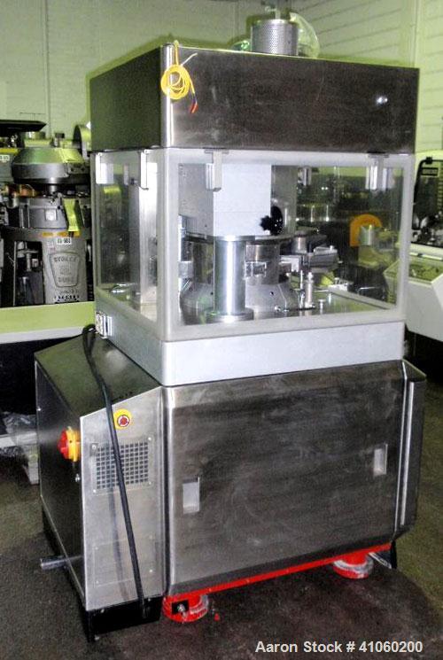 Used BWI Manesty Rotary Tablet Press, Model Unipress Diamond. 20 station. 10 ton compression force with pre-compression 1 ton. Tablet output range per hour 21,429 to 150,000. Single sided with force ...