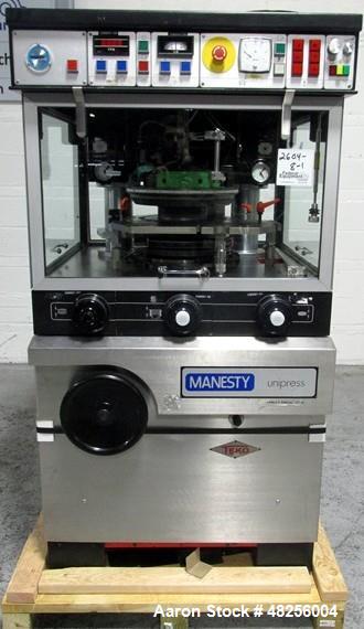 Used BWI Manesty Rotary Tablet Press, Model Unipress. 27 Station, keyed upper punch guides, 6.5 ton main compression, 1 ton pre compression, B tooled, 16 mm maximum tablet diameter, 18 mm maximum dep...