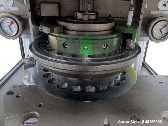 Used BWI Manesty Rotary Tablet Press, Model Unipress. 20 Station, keyed upper punch guides, 10 ton main compression, 1 ton pre compression, 25.4 mm diameter, 21 mm depth of fill, D tooled, single sid...