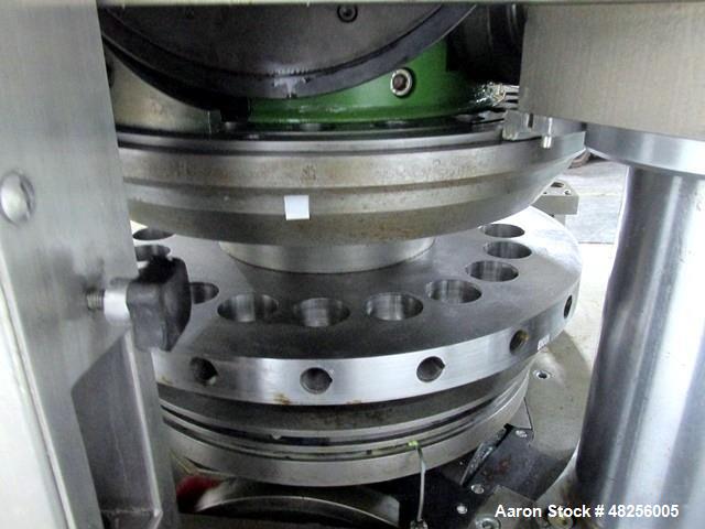 Used BWI Manesty Rotary Tablet Press, Model Unipress. 20 Station, keyed upper punch guides, 10 ton main compression, 1 ton pre compression, 25.4 mm diameter, 21 mm depth of fill, D tooled, single sid...