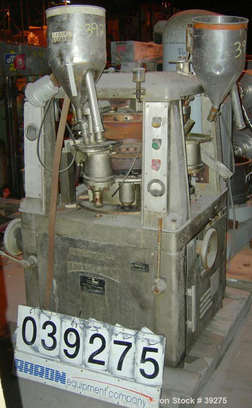Used Manesty Tablet Press, Layer Press Series 47. 3 Layer, (47) 1" diameter holes,  420-1500 layer tablets per minute. Max diameter 7/16" (11.1mm), max depth of fill 11/16" (17.4mm), max layer before...