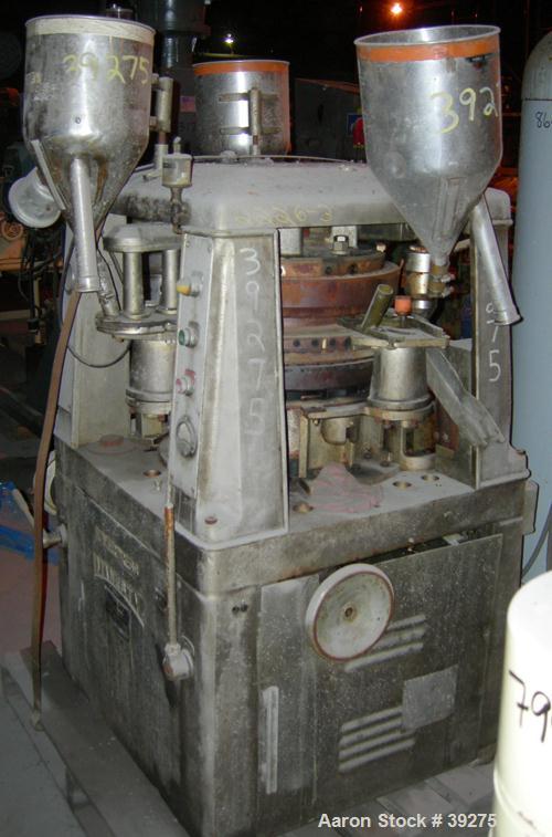 Used Manesty Tablet Press, Layer Press Series 47. 3 Layer, (47) 1" diameter holes,  420-1500 layer tablets per minute. Max diameter 7/16" (11.1mm), max depth of fill 11/16" (17.4mm), max layer before...