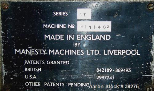 Used Manesty Tablet Press, Layer Press Series 47. 3 Layer, (47) 1" diameter holes,  420-1500 layer tablets per minute. Max diameter 7/16" (11.1mm), max depth of fill 11/16" (17.4mm), max layer before...