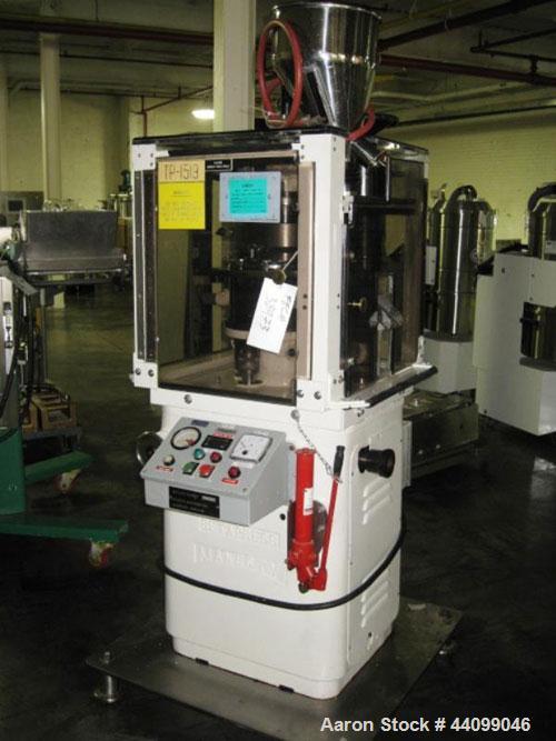 Used Manesty Beta Press Rotary Tablet Press, 16 station, keyed upper punch guide, single sided, provision for force feed with hopper, precompression, 6.5 ton total compression pressure, 5/8" maximum ...