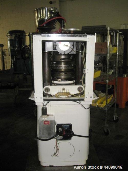 Used Manesty Beta Press Rotary Tablet Press, 16 station, keyed upper punch guide, single sided, provision for force feed with hopper, precompression, 6.5 ton total compression pressure, 5/8" maximum ...