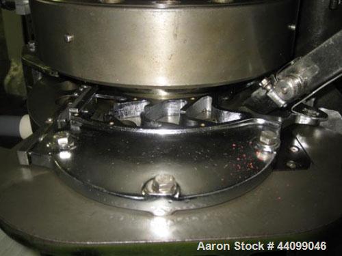 Used Manesty Beta Press Rotary Tablet Press, 16 station, keyed upper punch guide, single sided, provision for force feed with hopper, precompression, 6.5 ton total compression pressure, 5/8" maximum ...